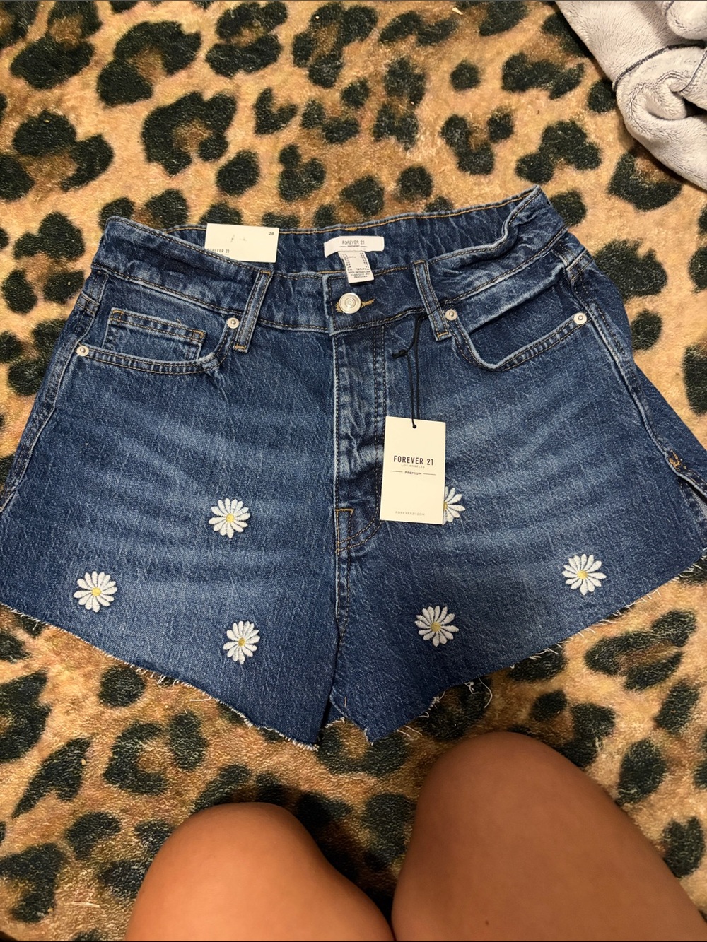 Forever 21 Dark Blue Daisy Embroidered Denim Shorts